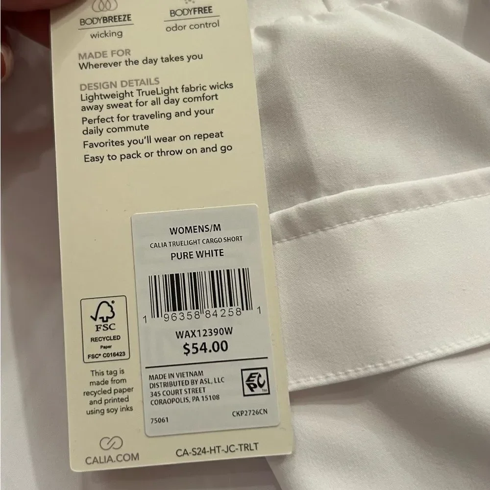 Calia Pure White Journey Collection MidRise Athletic Cargo short trulite fabric